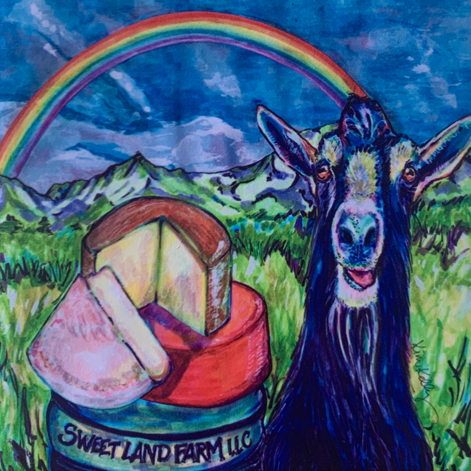 vibrant and brightly colored hand painted tile featuring a smiling goat and a stack of cheese on a barrel with blue sky and a rainbow in the background